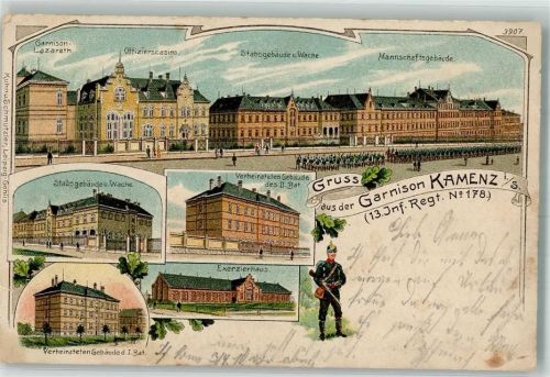 Kamenz 1907 Lithographie Garnison Kamenz Stabsgebäude Exerzierhaus Mannschaftsgebäude