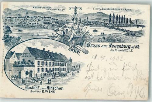 Neuenburg 1902 Verläufer Druck um 1890 Schiff- und Eisenbahnbrücke Gasthaus zum Hirschen