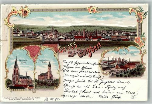 St. Ingbert 1898 Adelskorrespondenz Lithographie Kath. Kirche Ev. Kirche Fabrik-Anlagen