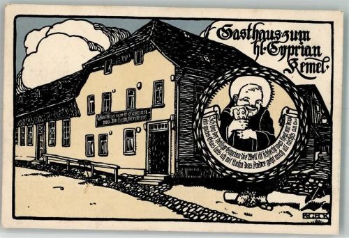 Kemel 1913 Künstersteindruck Gasthaus zum hl. Cyprian signiert