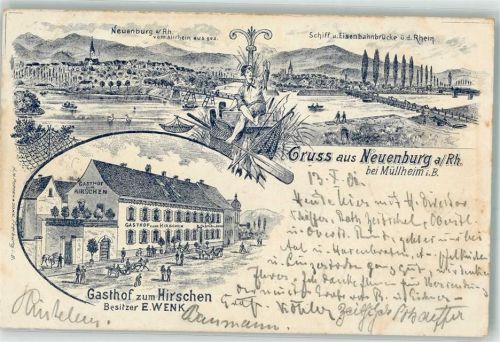 Neuenburg 1901 Verläufer Druck um 1890 Schiff- und Eisenbahnbrücke Gasthaus zum Hirschen Fischer