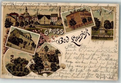 Bad Lausigk 1898 Aussichtsturm Kriegerdenkmal Bürgerschule Terrassen-Gasthaus Bahnpoststempel