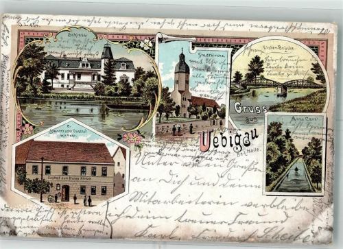 04895 O7901 Uebigau , Elster 1899 Lithographie Gasthaus zum Roten Hirsch Schloß Stadtkirche Anna-Kanal