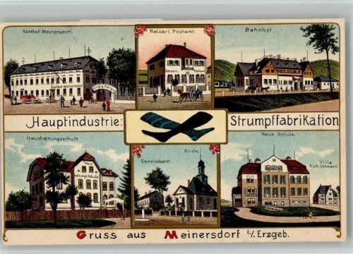 Meinersdorf Lithographie Gasthaus Meinersdorf Kaiserl. Postamt Haushaltungsschule Bahnhof Villa Uhlmann