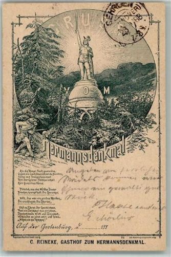 Detmold 1888 Hermannsdenkmal Werbung C. Reineke Gasthaus Lithographie