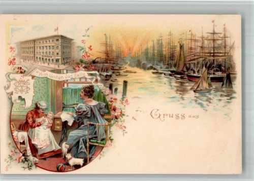 Hamburg 1900 Gruss aus Singer Werbung , Amme mit Baby, Segelhafen