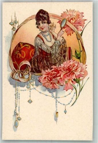 Mondäne Frau mit Schmuck , Nelken sign. G.M. Serie 75-3 Perlen Edelsteine