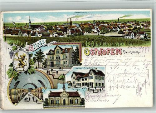 Osthofen 1902 Lithographie Kellerei Gebhardt Faßkeller Gasthaus Gebhardt Turnhalle Wappen
