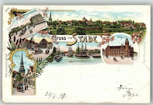 21680 W2160 Stade , Niederelbe 1898 Lithographie Bahnhofstrasse Kirche Hafen Postamt Fischmarkt