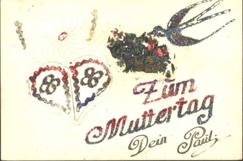 AK von 1941 mit Schwalbe und Blumenkorb, handgeritzt mit eingearbeitetem aufklappbarem Herz, Glimmer