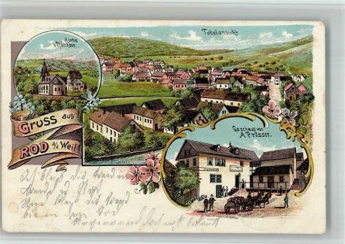 Rod a d Weil 1904 Lithographie Kirche Pfarrhaus Gasthaus Prösser Fuhrwerk