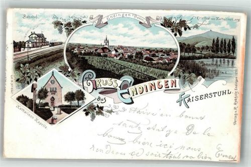 79346 W7833 Endingen am Kaiserstuhl 1909 Lithographie Katharinen-Kapelle Bahnhof Erletal