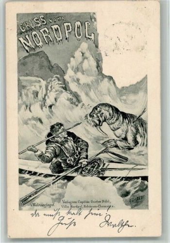 1898 Eskimo Walrossjagd mit einem Speer sign. Förster Künstlerkarte Adelskorrespondenz