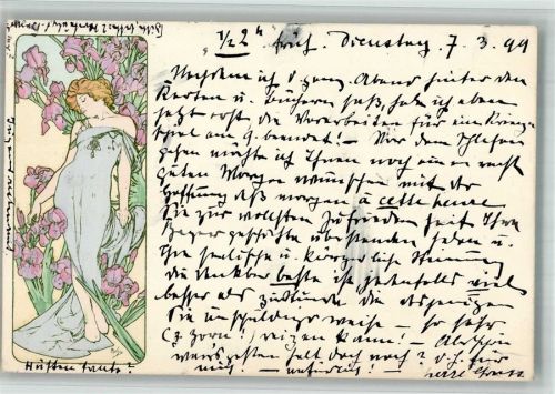 1899 Jugendstil Frau mit Blüten Lithographie