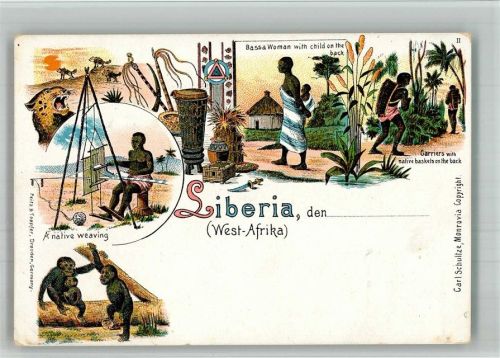 Monrovia Tracht Webstuhl Affen Lithographie