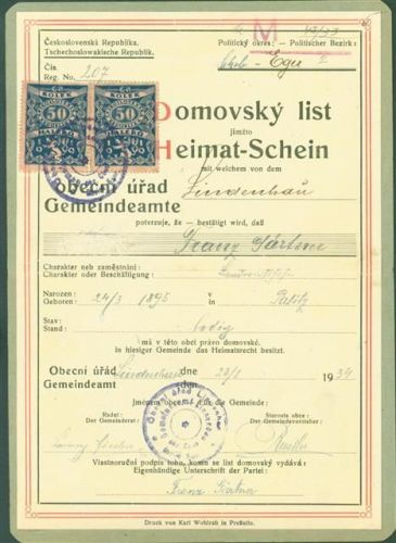 Cheb Lipová Lindenhau Heimatschein