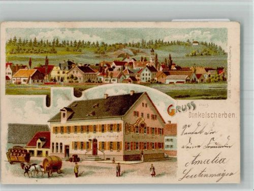 Dinkelscherben Lithographie Adlerbrauerei Pferdebierfuhrwerk