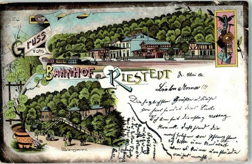 Riestedt 1902 Lithographie Bahnhof Riestedt Waldgasthaus Wanderutensilien