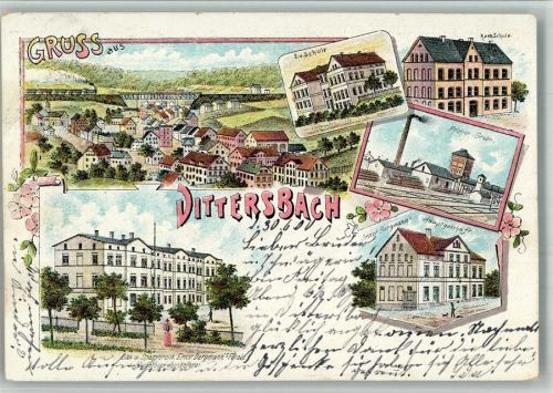 Dittersbach 1900 Bau und Sparverein Bergmann Geschäft ev. kath. Schule Lithographie