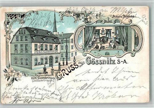 Gößnitz 1900 Lithographie Gasthaus zum Gambrinus Gastraum Billardtisch