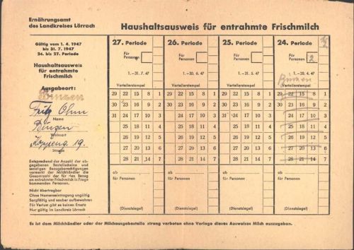 Lörrach Ernährungsamt Haushaltsausweis für entrahmte Frischmilch 1947; KEINE AK, ca. 21,5x15,5 cm