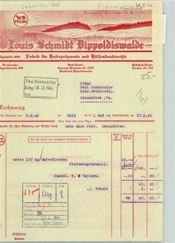 Dippoldiswalde Rechnung von 1942 Louis Schmidt Haferpräparate Hülsenfruchtmehle