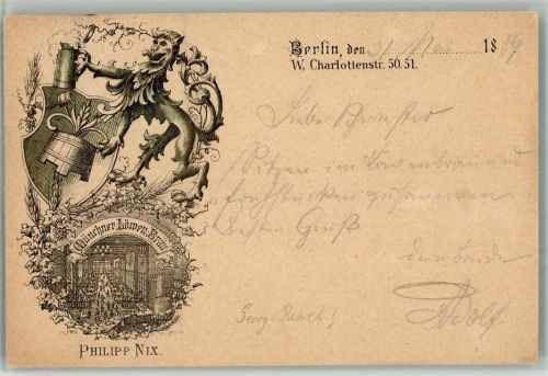 Berlin Mitte 1890 Gasthaus Münchner Löwen Bräu Philiipp NIX. Wappen Drache Charlottenstraße 50 51 Lithographie