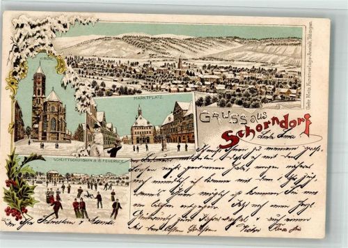 Schorndorf 1897 Winterlithographie Marktplatz Schlittschuhbahn Feuersee Ev. Stadtkirche