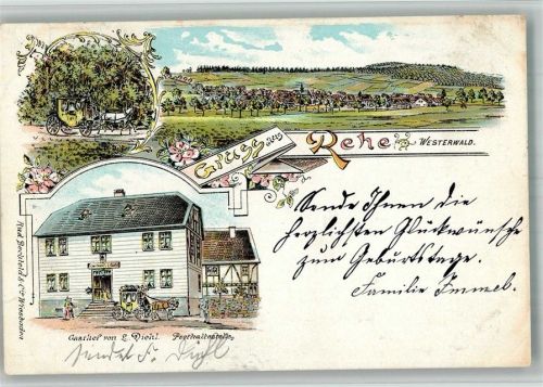 Rehe 1901 Lithographie Gasthaus Diehl Posthaltestelle Postkutsche