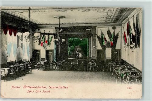 Groß Ziethen Kaiser Wilhelm-Garten Saal Fahnen Wappen Bühne