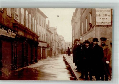 Amberg 1909 Hochwasser in Amberg 1909 Überschwemmte Strasse Gold & Silberwaren-Handlung August Schreiner Foto AK Ort lt. Stempel