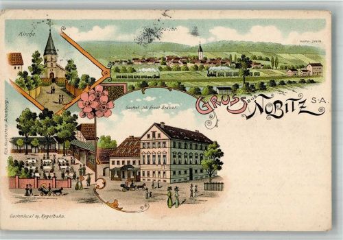Nobitz Lithographie Gasthaus Brauer Gartenwirtschaft Kegelbahn