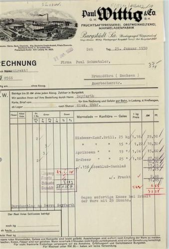 Burgstädt Rechnung von 1938 Paul Wittig und Co Fruchtsaft Obstwein Marmelade