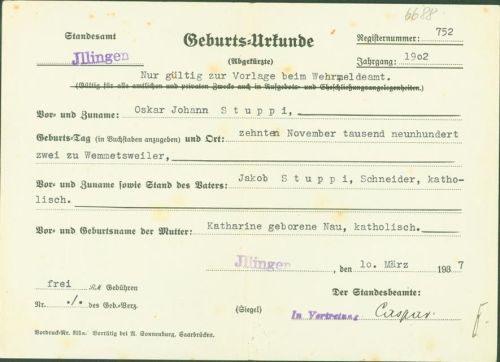 Wemmetsweiler 1902 Geburtsurkunde Standesamt Illingen