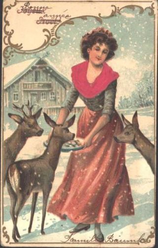 Bern Rehe und Frau, Frauenschalapplikation aus Stoff montiert auf Neujahrs- bzw Weihnachts-AK von1906