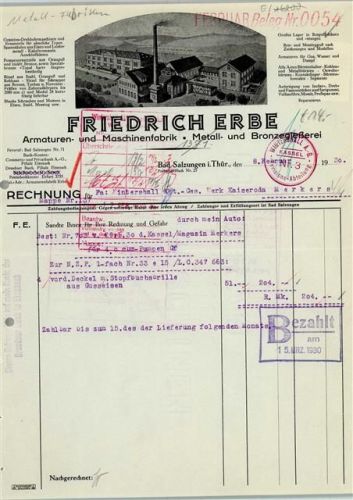 Bad Salzungen Rechnung von 1930 Friedrich Erbe Armaturen- und Maschinenfabrik