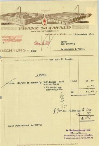Neustadt Rechnung von 1941 Franz Seewald Deckenfabriken