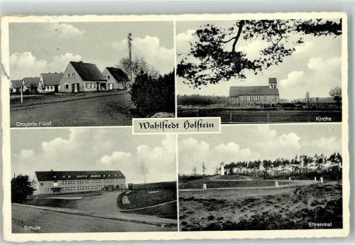23812 W2362 Wahlstedt Foto AK Drogerie Fürst Kirche Schule Ehrenmal