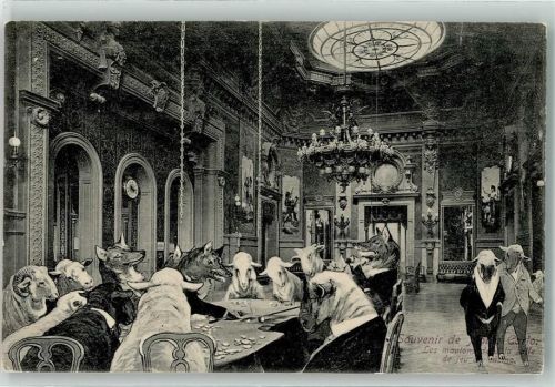 Monte Carlo vermenschlichte Tiere am Spieltisch Roulette Künstlerkarte