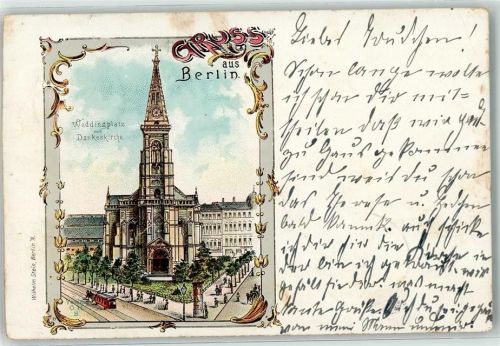 Wedding 1900 Weddingplatz mit Dankeskirche Straßenbahn Litfaßsäule Lithographie