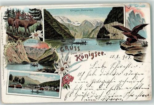 Schönau 1904 Königsee v. Malerwinkel Landungsplatz Obersee m. Teufelshörnern Hirsch
