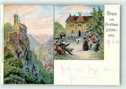 Lichtenstein 1900 Schloss und Gasthaus Forsthaus Lichtenstein Lithographie Künstlerkarte beschnitten