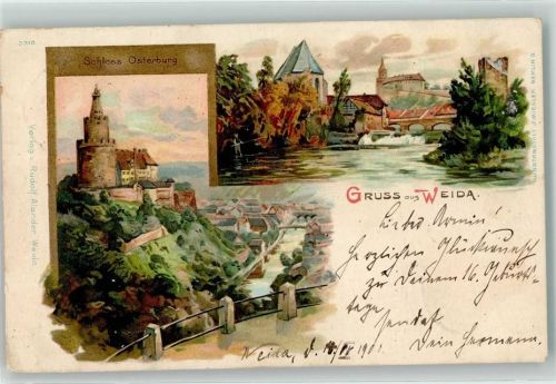 Weida 1900 Schloss Osterburg Brücke Gruss Bahnpost Leipzig Saalfeld Zug Nr.373 Lithographie