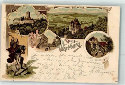 99510 O5321 Wartburg 1897 Lithographie Landgrafenhaus Hofraum Sänger Mandoline Gruss Blumen