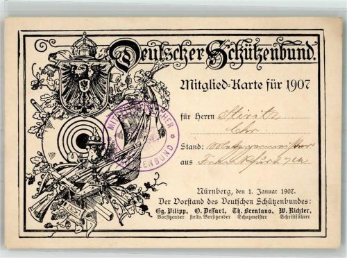 Nürnberg Deutscher Schützenbund Mitgliedskarte 1907