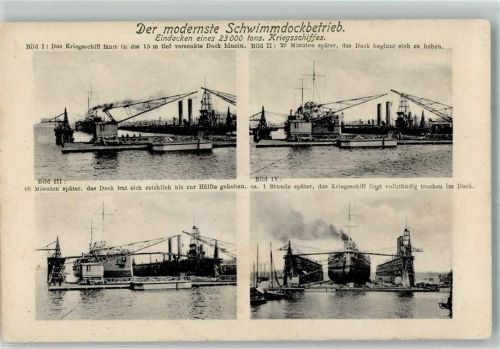 W2300 Kiel , Ostsee Der modernste Schwimmdockbetrieb , Eindocken eines Kriegsschiffes Werft 1915