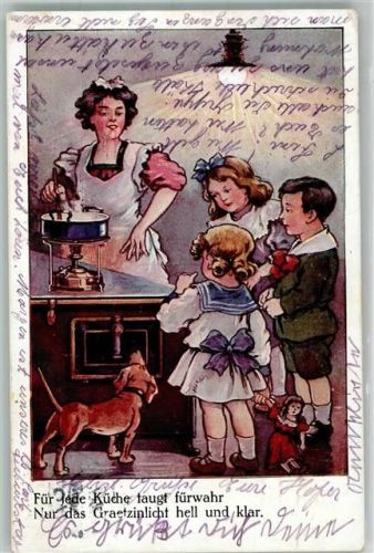 1929 Werbung Graetzinlicht in der Küche , Kinder Dackel Frau beim Kochen