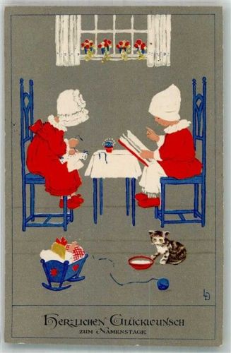 1924 Meissner u. Buch Serie 2300 Namenstag Kinder Buch lesen , nähen, Katze Puppenwiege
