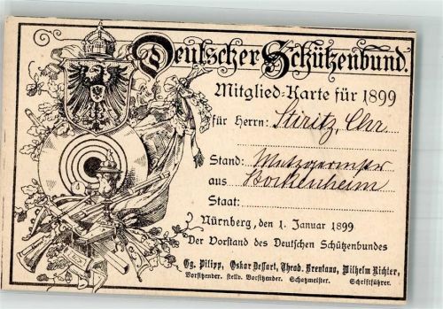 Nürnberg Ephemera Deutscher Schützenbund Mitgliedskarte 1899