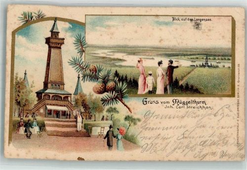 10115 O1168 Müggelheim Lithographie / Künstlerkarte Müggelturm mit Langensee